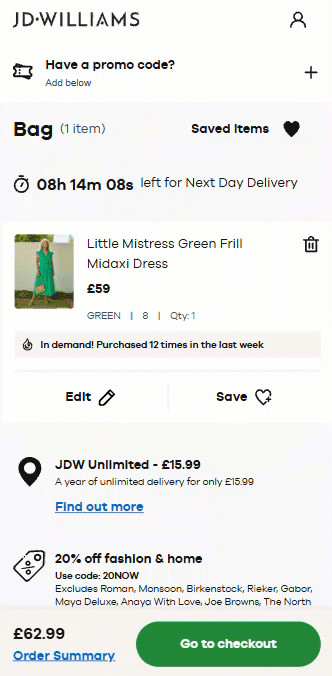Bag page showing ‘Have a promo code?’ box at the top